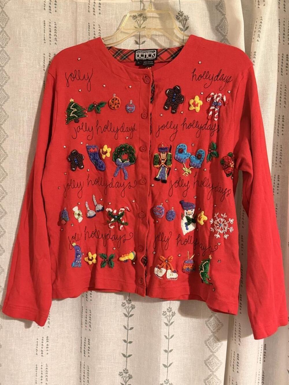 VTG 90s Berek 2 Takako Sakon HandStitched Christmas Cardigan-Red Jolly Hollydays